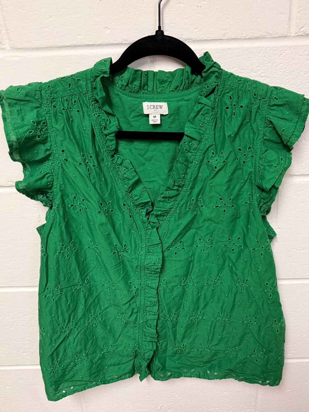 J. Crew Emerald Eyelet Ruffle V-Neck Blouse